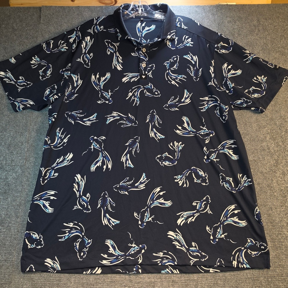 Bad Birdie Polo Mens 2XL Navy Blue Excellent Beta Fish Print Golf Performance